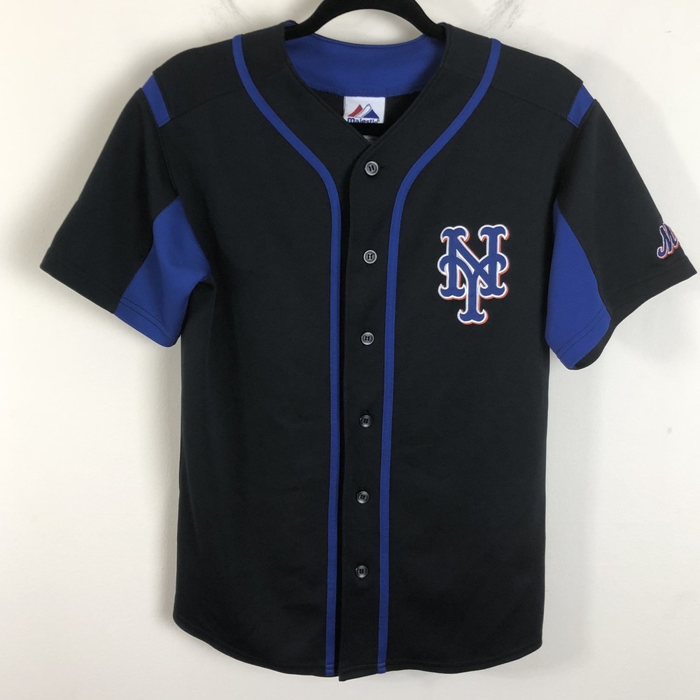 Vintage New York Mets Majestic MLB Baseball Jersey Youth L Black Blue Baseball